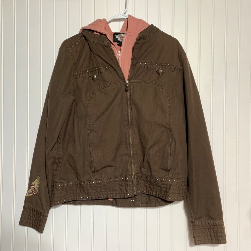 Harley Davidson Brown Jacket with Pink Vest Layered Size Tall XL Zip Studded